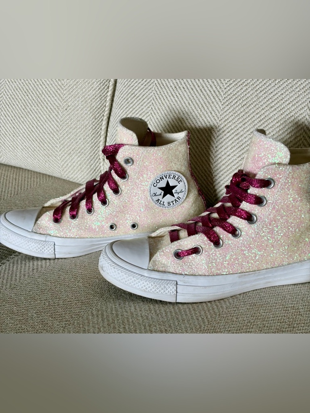 Custom Converse High Top Glitter Sneakers - Light Pink with Magenta Laces
